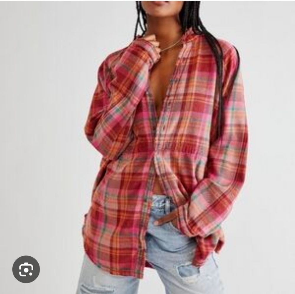 Free People Pink Red Plaid Button-Down Shirt
